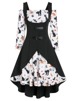 A Line Pumpkin Print Halloween Dress with High Low Top