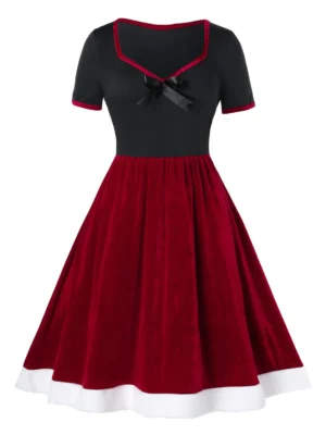 Plus Size Two Tone Velvet Vintage Swing Dress