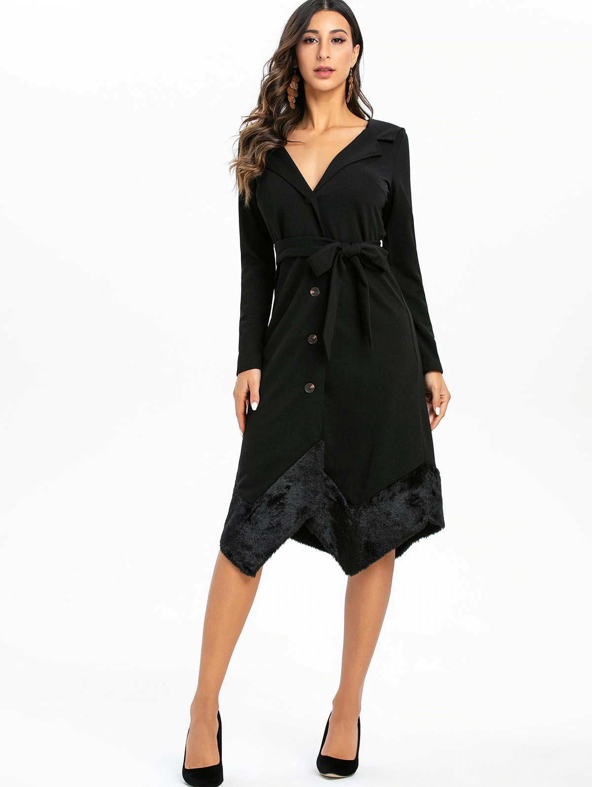 Faux Fur Panel Asymmetrical Solid Coat