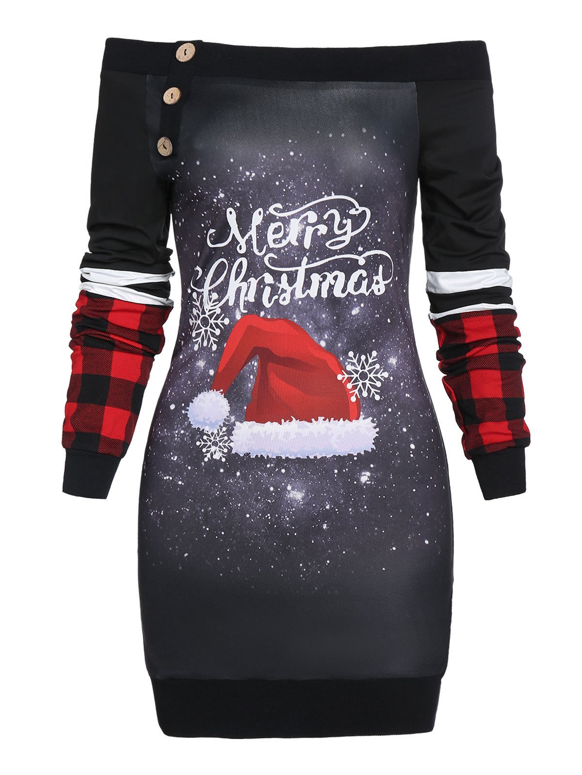 Christmas Skew Neck Hat Print Dress