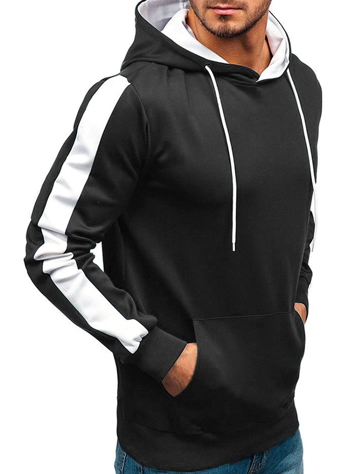 Contrast Tape Sleeve Kangaroo Pocket Fleece Pullover Hoodie