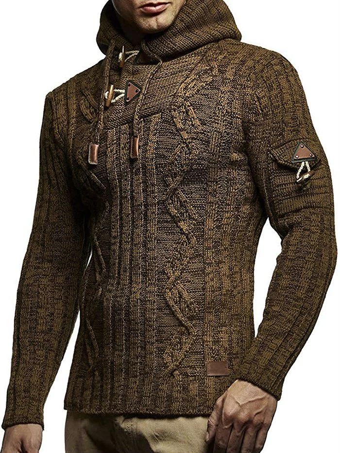 Cable Knit Button Drawstring Pullover Hooded Sweater