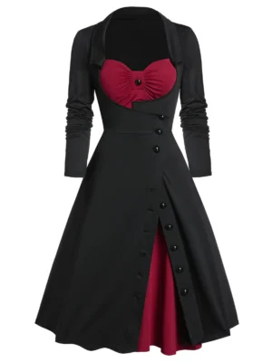 Button Slit Ruched Contrast Faux Twinset Vintage Dress