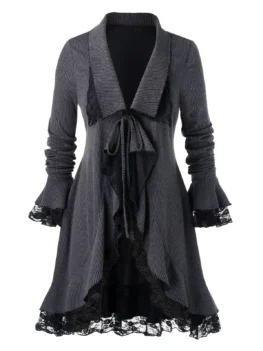 Plus Size Front Tie Ruffled Lace Insert Coat