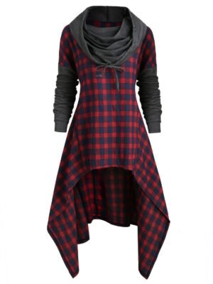 Plus Size Plaid Drop Shoulder Dip Hem Hoodie