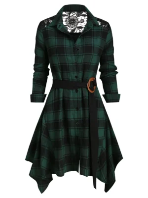 Lace Panel Plaid Button Up Belted Shirt