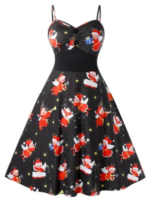 Plus Size Vintage Christmas Angel Print Dress