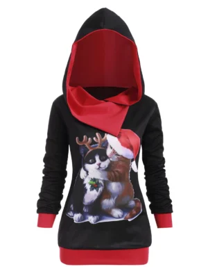 Surplice Hooded Cat Graphic Plus Size Christmas Hoodie