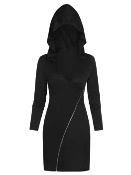 Hooded Asymmetric Zip Up Ribbed Coat