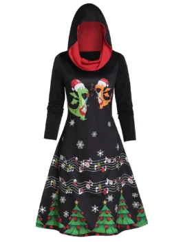 Snowflake Animal Print Hooded A Line Dress