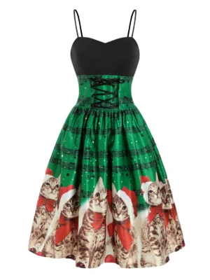Christmas Cat Musical Note Lace Up Cami Dress