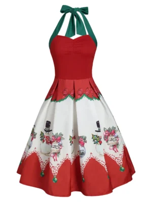 Christmas Snowman Halter Ruched Party Dress