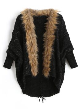 Plus Size Batwing Sleeve Faux Fur Lace Up Chunky Cardigan