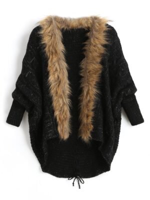 Plus Size Batwing Sleeve Faux Fur Lace Up Chunky Cardigan