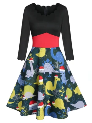 Christmas Dinosaur Print A Line Patchwork Dress