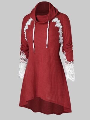 Plus Size Cowl Neck Applique Panel Drawstring Knit Sweater