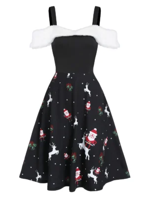 Christmas Santa Claus Print Faux Fur Cold Shoulder Dress