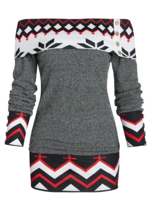 Geometric Off The Shoulder Foldover Knitted Sweater