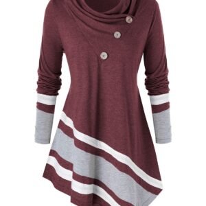 Plus Size Asymmetrical Contrast Trim Cowl Neck Top