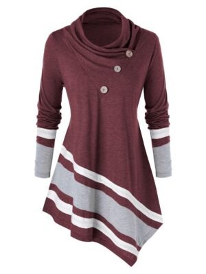 Plus Size Asymmetrical Contrast Trim Cowl Neck Top