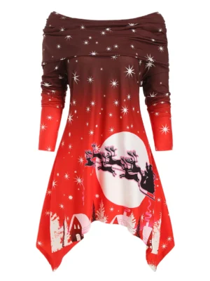 Plus Size Off The Shoulder Foldover Printed Christmas Dress