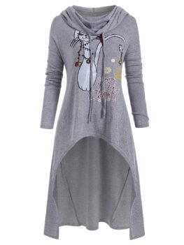 Plus Size Hooded Asymmetrical Cat Print Christmas Sweater