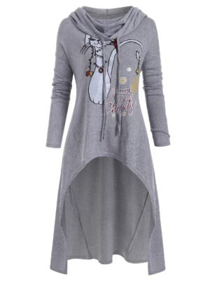 Plus Size Hooded Asymmetrical Cat Print Christmas Sweater