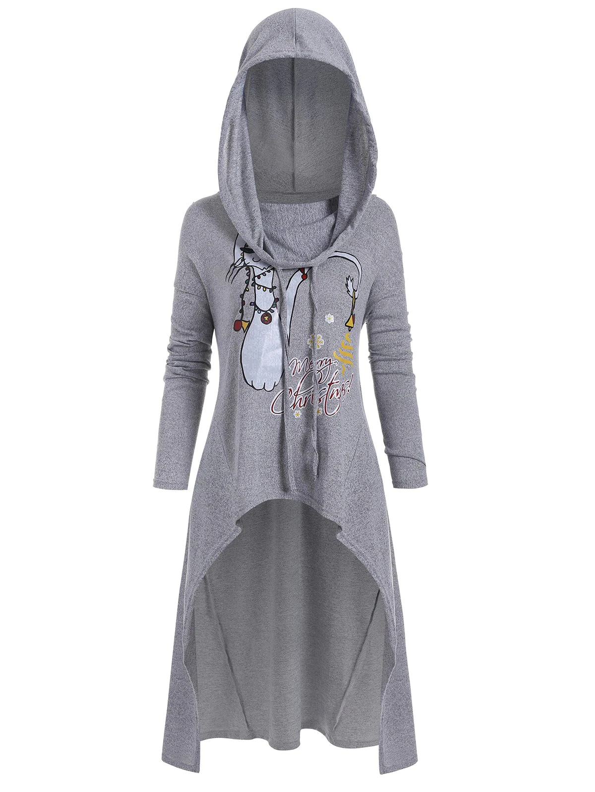 Plus Size Hooded Asymmetrical Cat Print Christmas Sweater