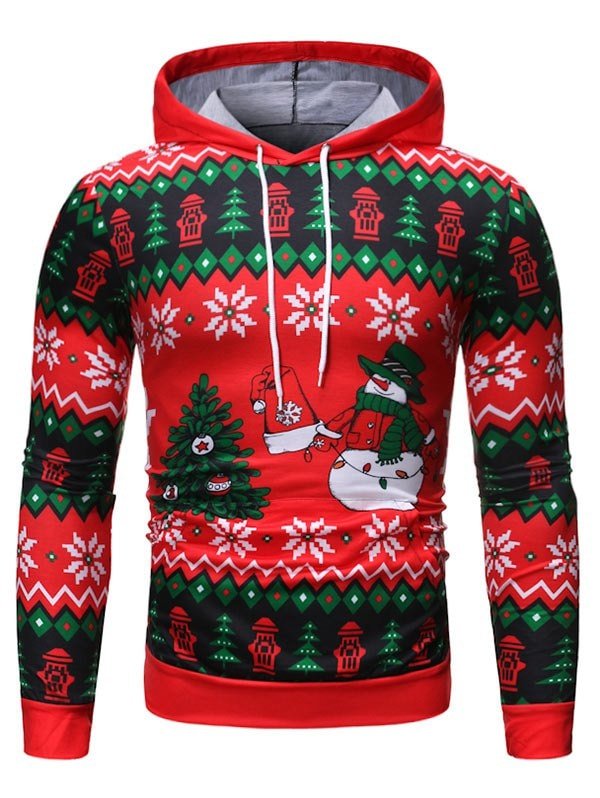Christmas Tree Snowman Pattern Pocket Hoodie