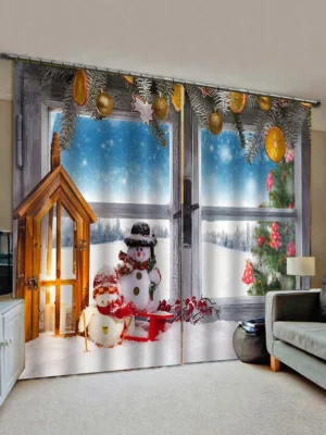 2 Panels Christmas Window Snowman Couple Print Window Curtains