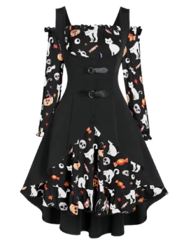 A Line Pumpkin Print Halloween Dress with High Low Top