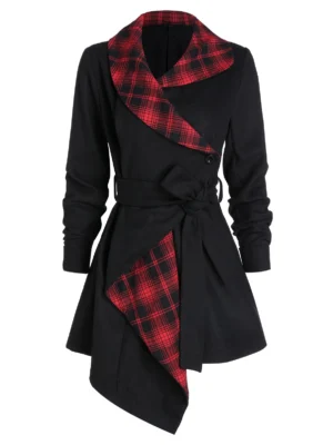 Plaid Belted Asymmetric Wool Coat