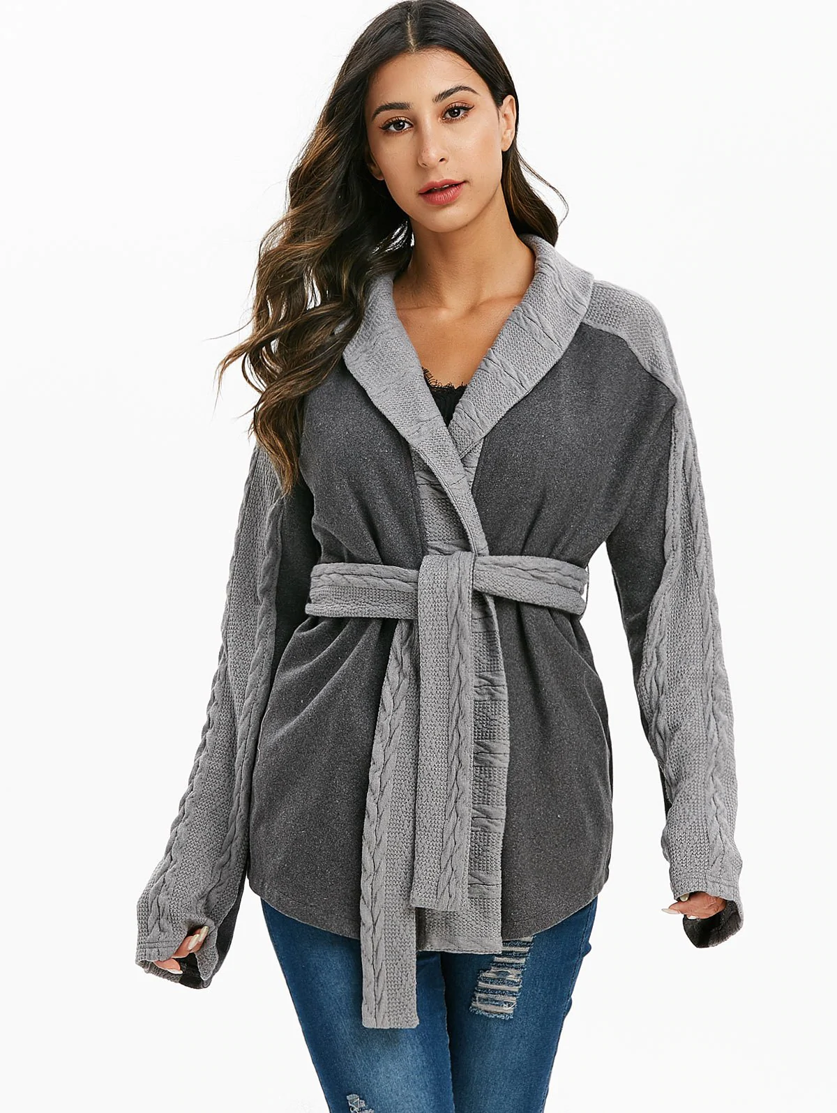 Belted Cable Knit Trim Heathered Coat