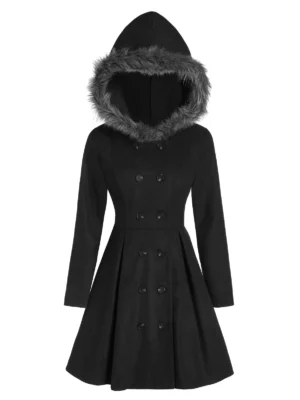 Double Breasted Fur Hooded Long Coat