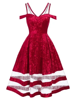Christmas Lace Insert Cold Shoulder Velvet Dress