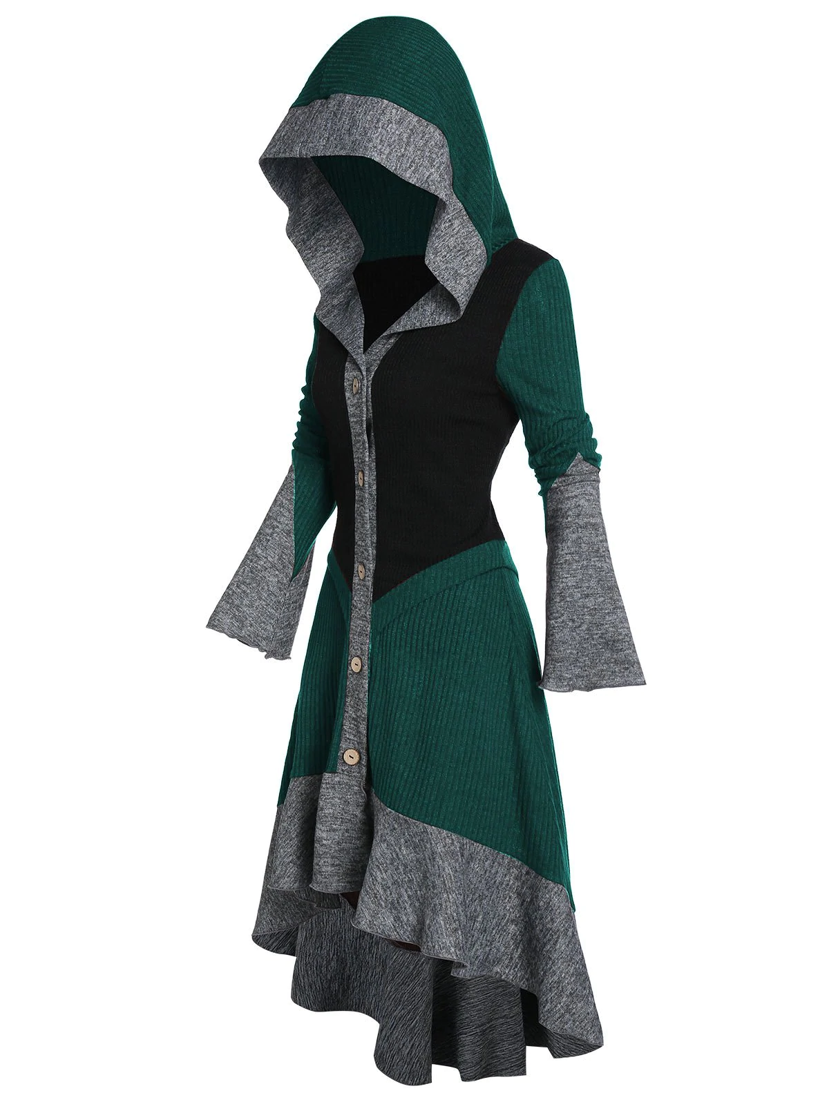 Hooded Contrast Ribbed Flare Sleeve Button Up High Low Cardigan