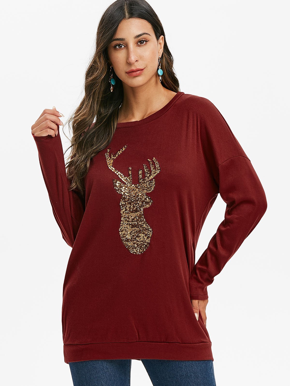 Sequined Reindeer Christmas Longline Sweatshirt