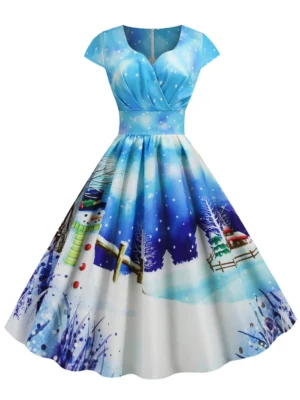 Christmas Castle Santa Claus Tree Print Surplice Dress