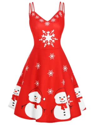 Snowman Snowflake Print Strappy Christmas Plus Size Dress