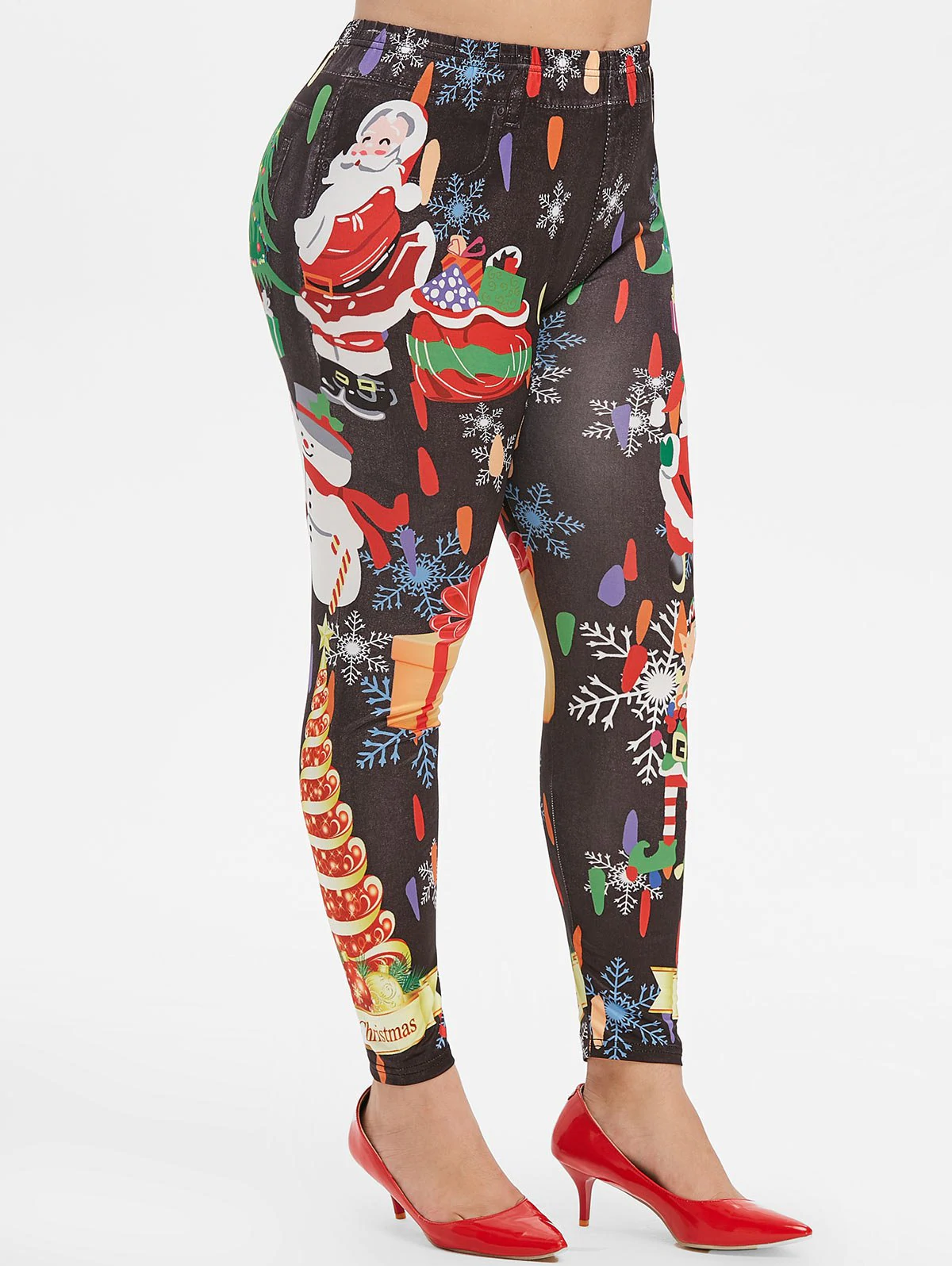 Plus Size Christmas Snowflake Santa Claus and Tree Print Legging Plus Size Christmas Snowflake Santa Claus and Tree Print Legging - Image 4