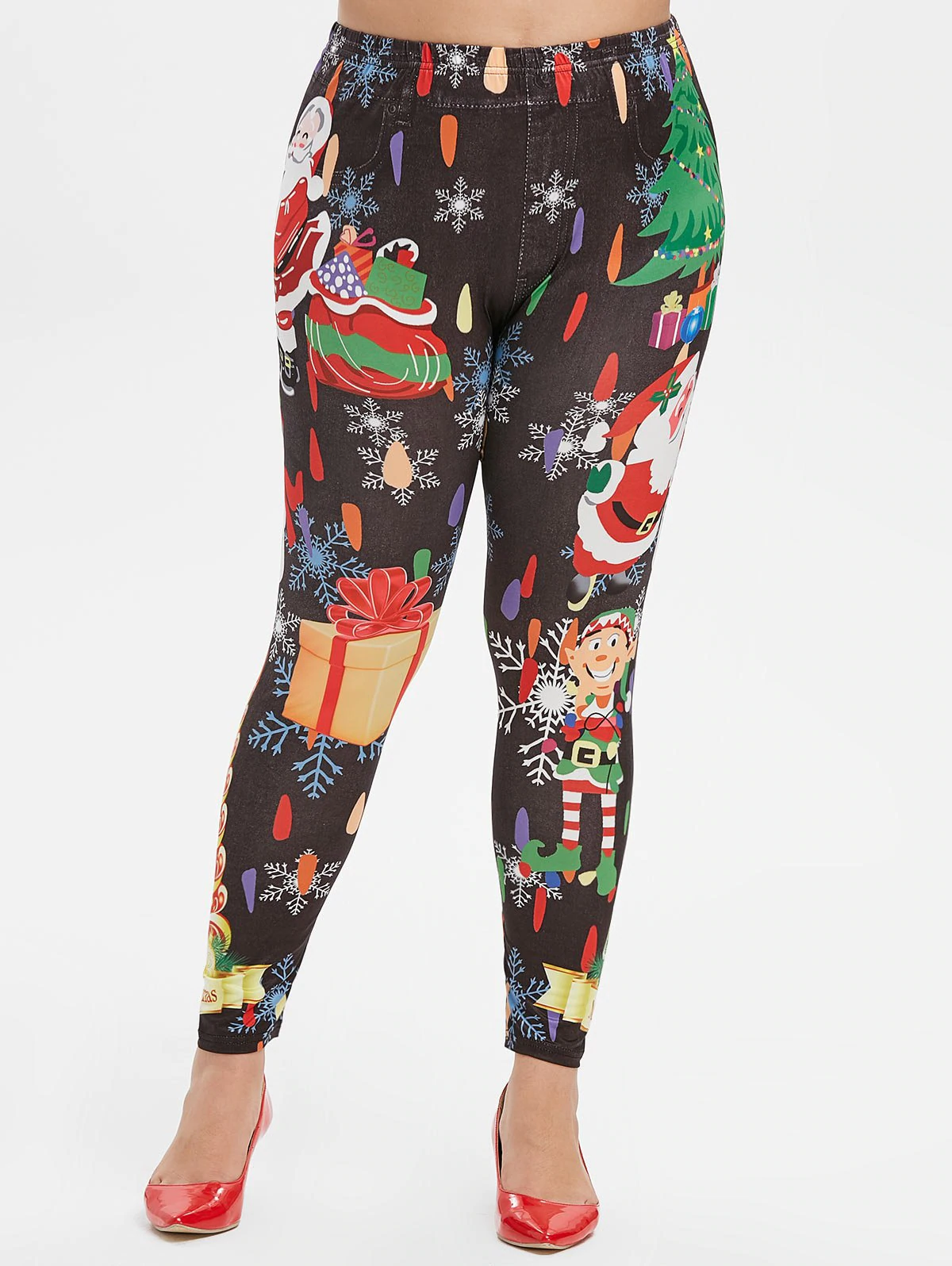 Plus Size Christmas Snowflake Santa Claus and Tree Print Legging Plus Size Christmas Snowflake Santa Claus and Tree Print Legging - Image 2