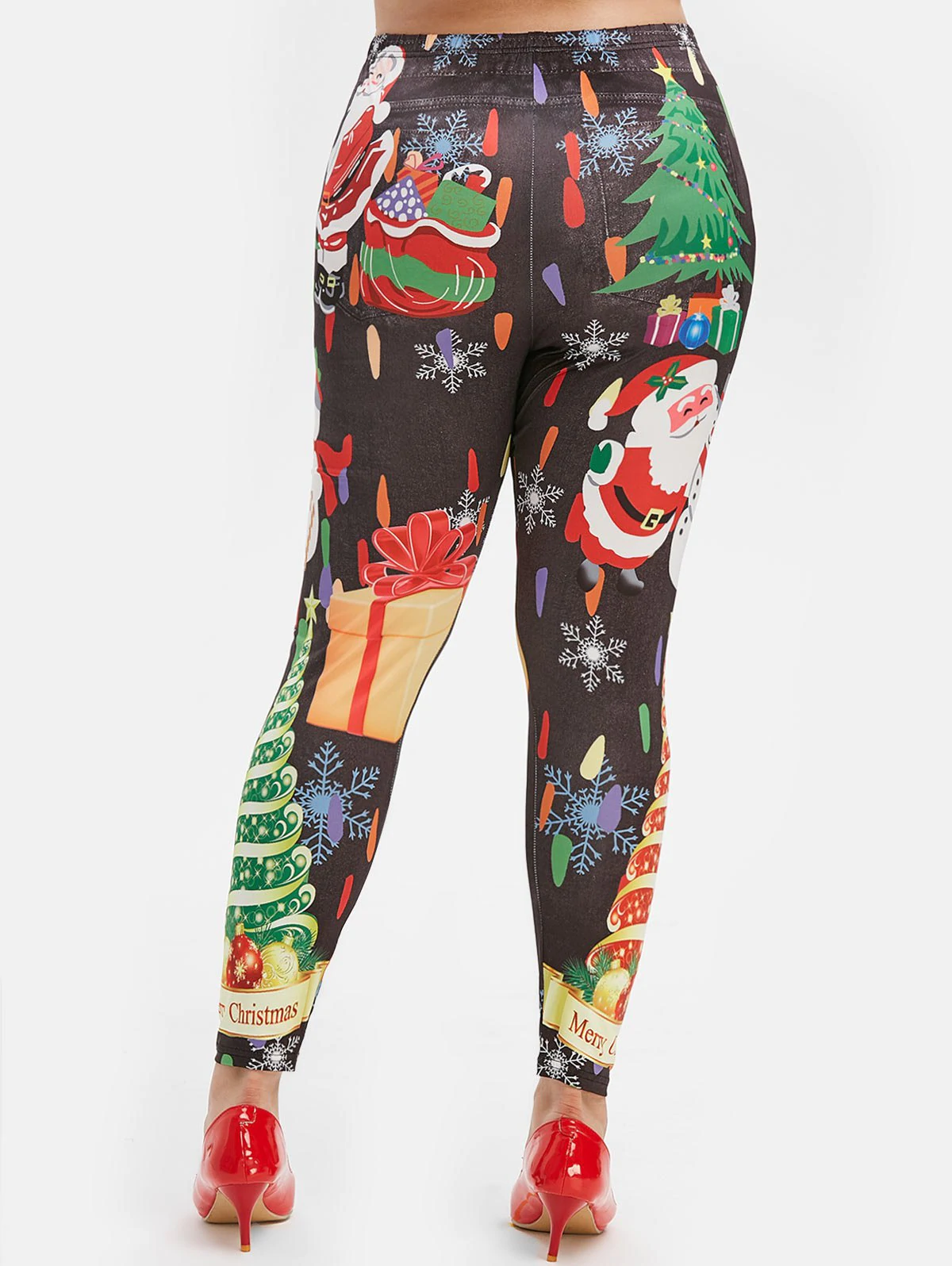 Plus Size Christmas Snowflake Santa Claus and Tree Print Legging Plus Size Christmas Snowflake Santa Claus and Tree Print Legging - Image 5