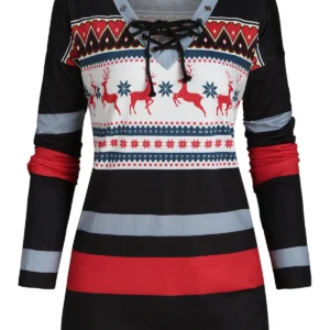 Plus Size Elk Snowflake Print Lace Up Christmas T Shirt