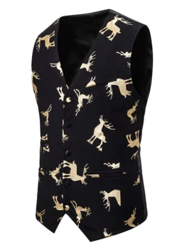 Christmas Deer Print Single Breasted Tuxedo Vest