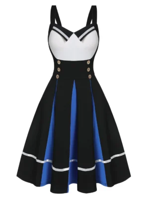 Sleeveless Mock Button Contrast Pleated Vintage Dress