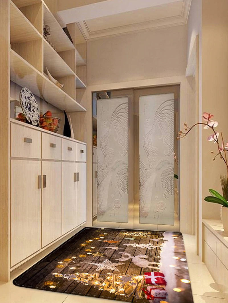 Christmas Tree Elk Wood Plank Floor Rug