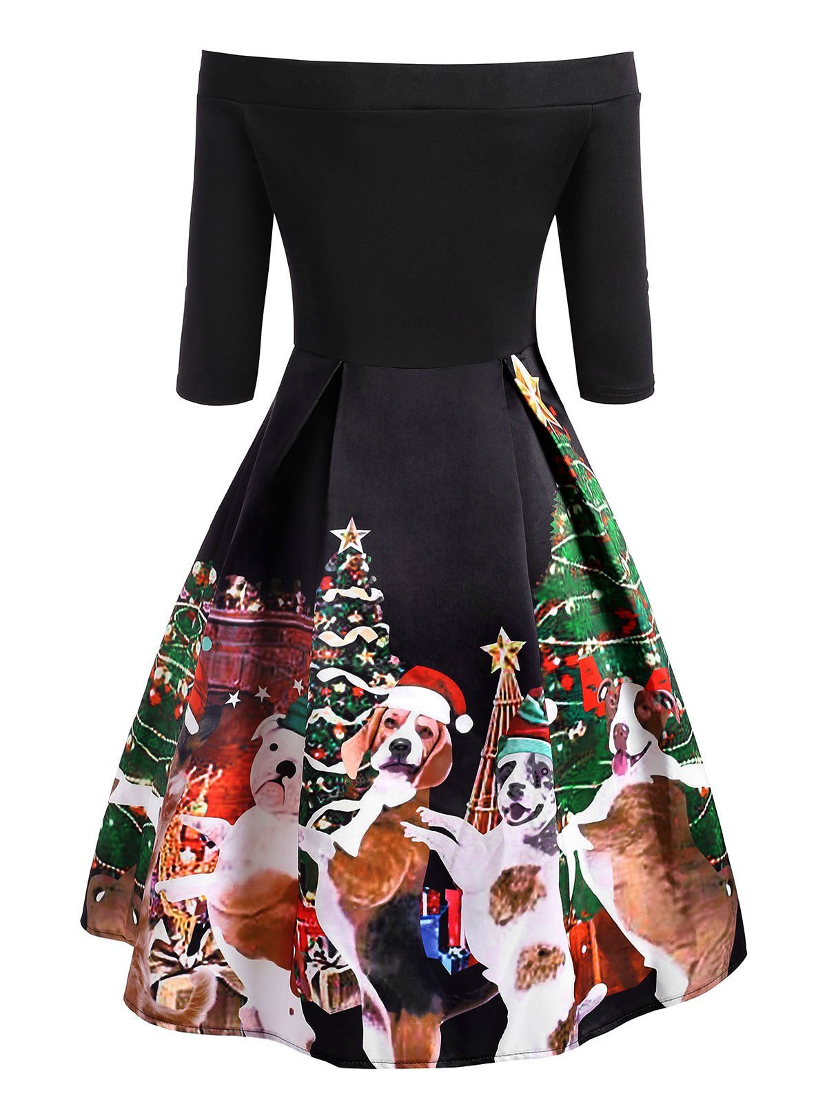 Christmas Dog Print Off Shoulder Button Embellished Dress