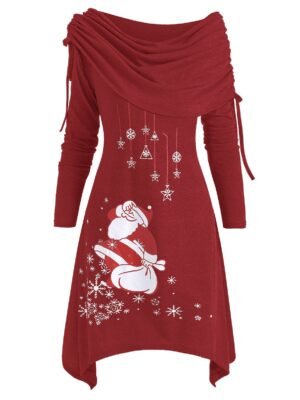 Christmas Santa Claus Foldover Off Shoulder Asymmetrical Dress