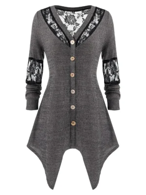 Plus Size Lace Panel Sheer Asymmetrical Knit Cardigan