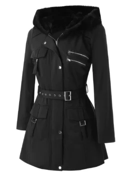 Plus Size Pockets Buckles Zippered Coat